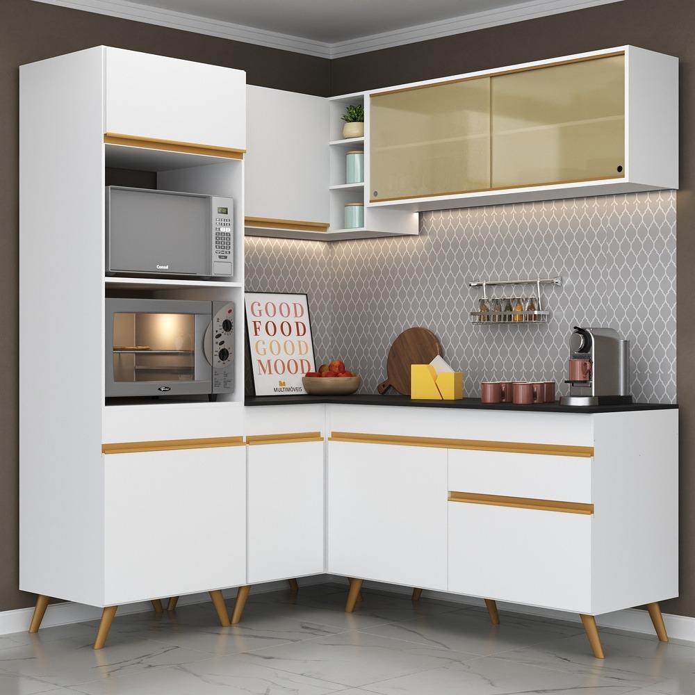 Armário de Cozinha Completa de Canto Veneza Multimóveis V2063  Branco/Dourado
