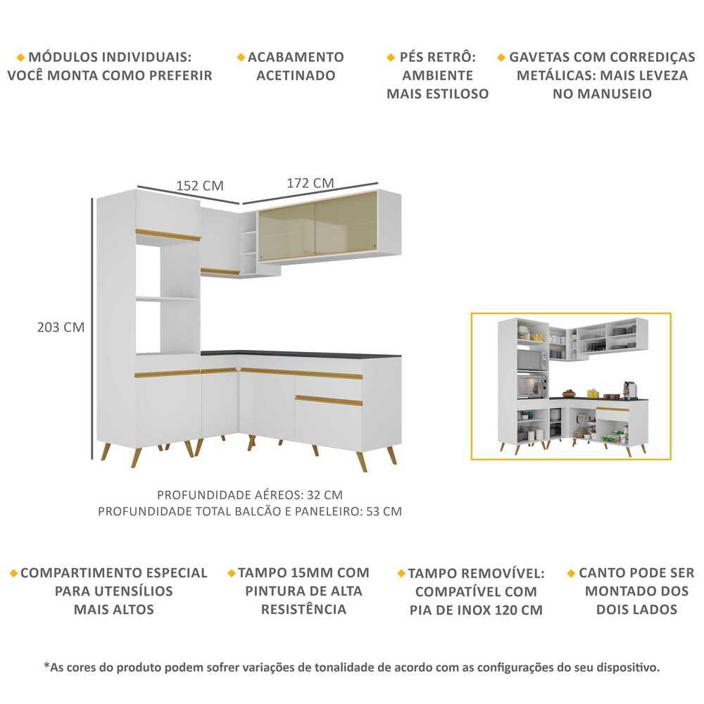 Armário de Cozinha Completa de Canto Veneza Multimóveis V2063  Branco/Dourado