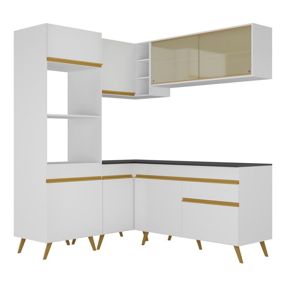 Armário de Cozinha Completa de Canto Veneza Multimóveis V2063  Branco/Dourado