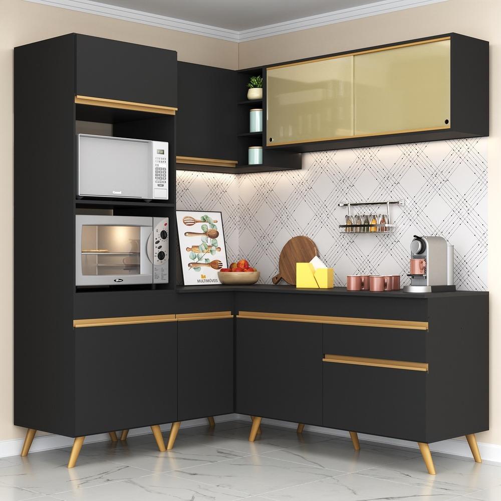 Armário de Cozinha Completa de Canto Veneza Multimóveis V2063  Preto/Dourado