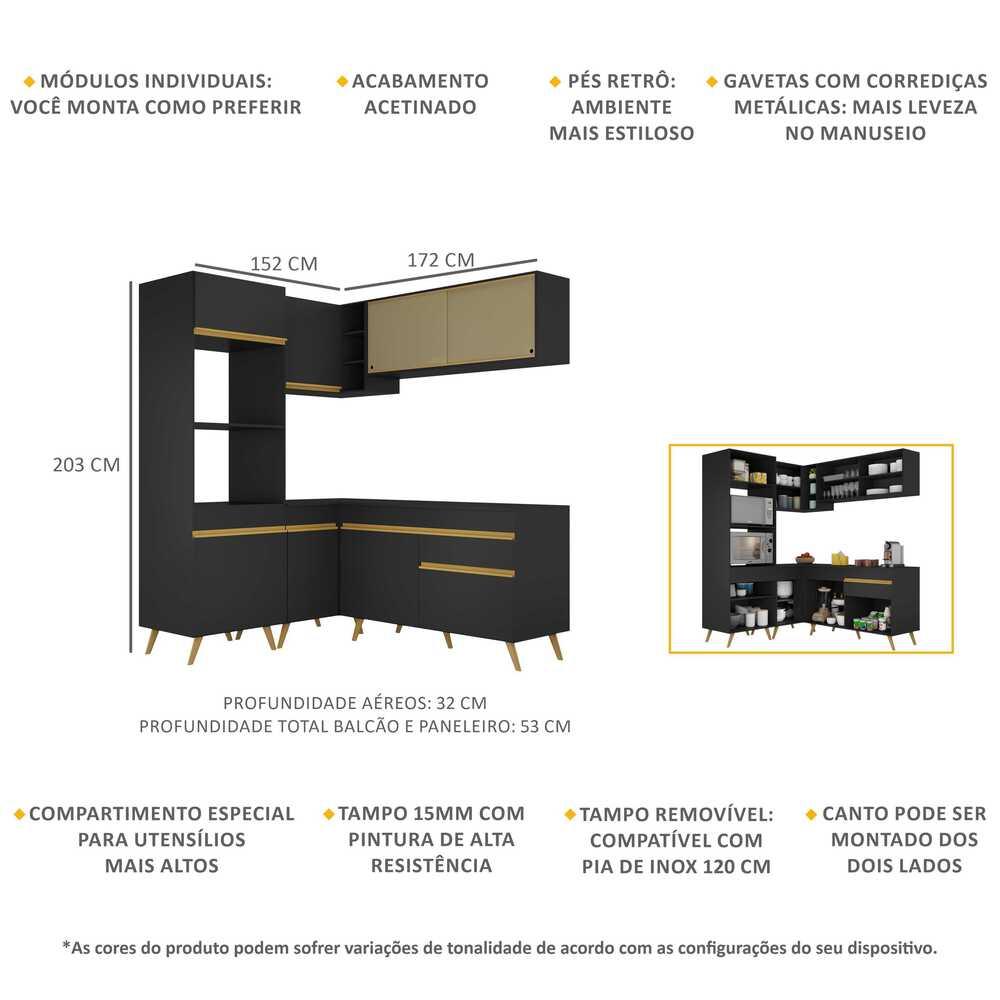 Armário de Cozinha Completa de Canto Veneza Multimóveis V2063  Preto/Dourado