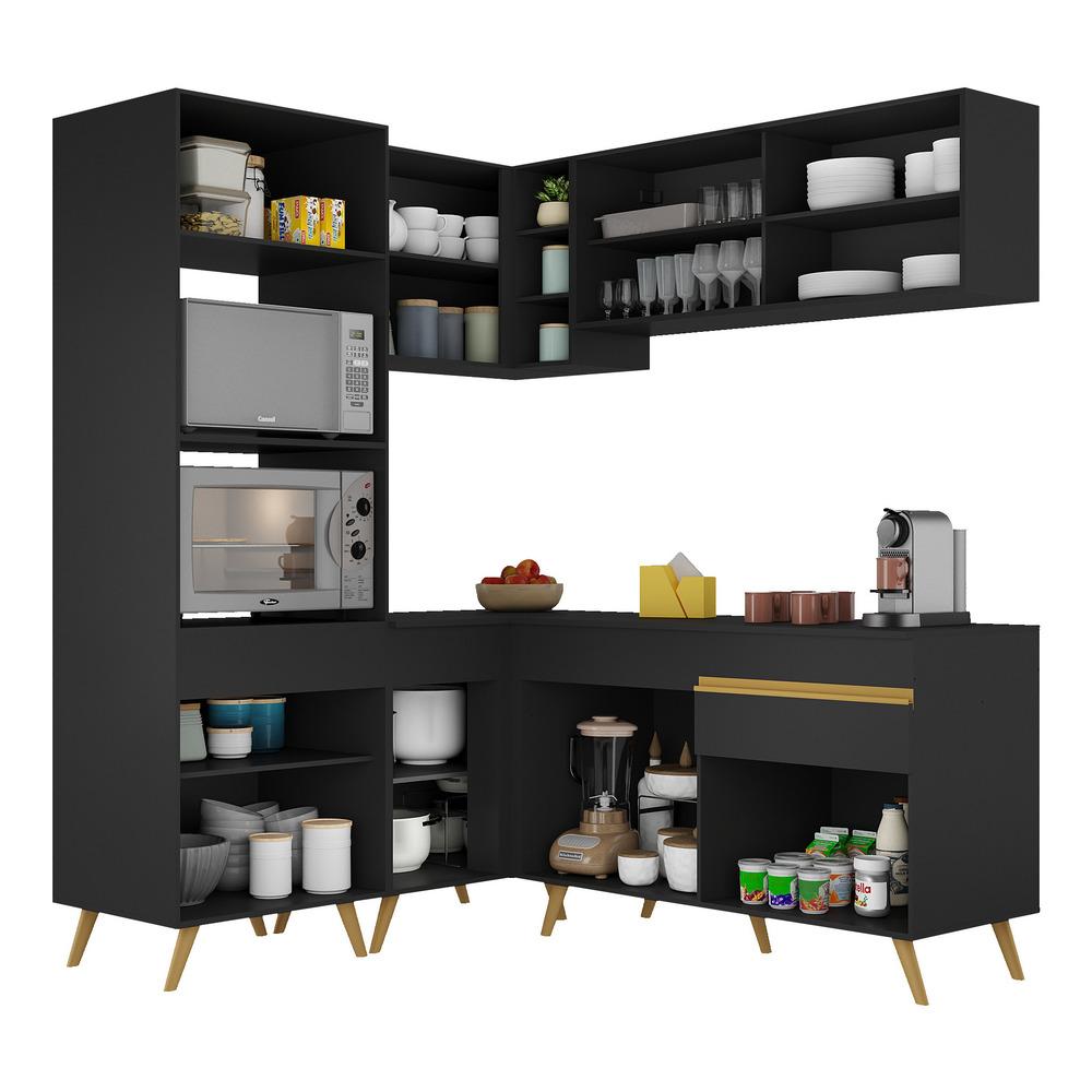 Armário de Cozinha Completa de Canto Veneza Multimóveis V2063  Preto/Dourado