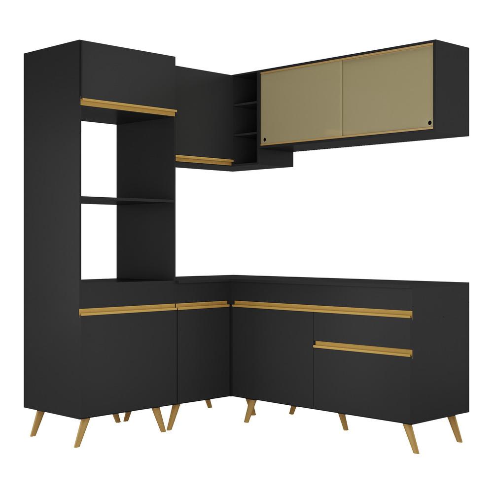 Armário de Cozinha Completa de Canto Veneza Multimóveis V2063  Preto/Dourado
