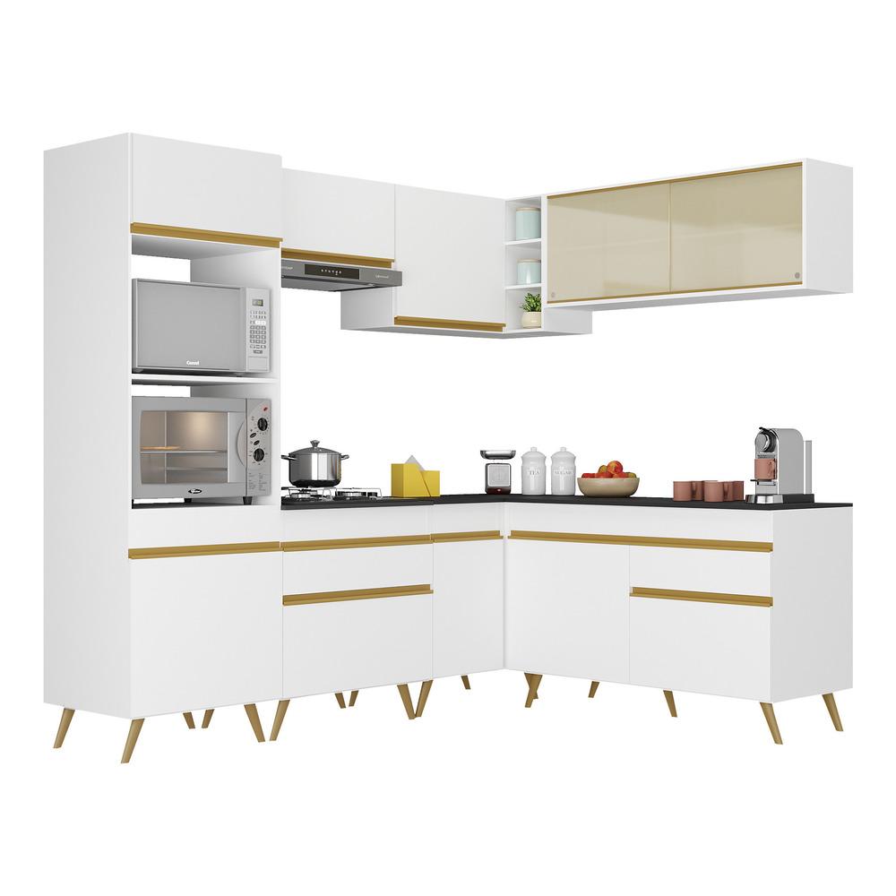 Armário de Cozinha Completa de Canto Veneza Multimóveis V2064  Branco/Dourado