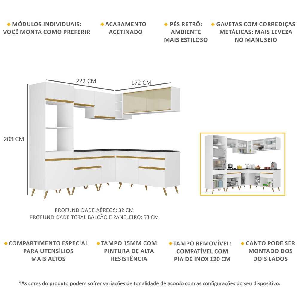 Armário de Cozinha Completa de Canto Veneza Multimóveis V2064  Branco/Dourado