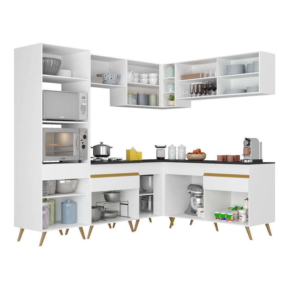 Armário de Cozinha Completa de Canto Veneza Multimóveis V2064  Branco/Dourado