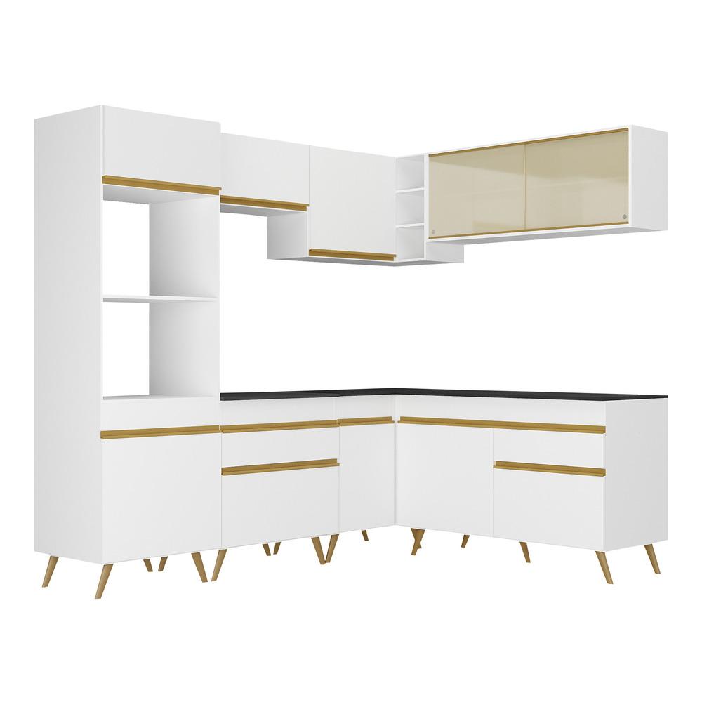 Armário de Cozinha Completa de Canto Veneza Multimóveis V2064  Branco/Dourado