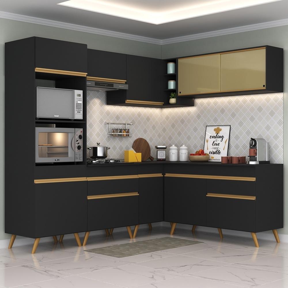 Armário de Cozinha Completa de Canto Veneza Multimóveis V2064  Preto/Dourado