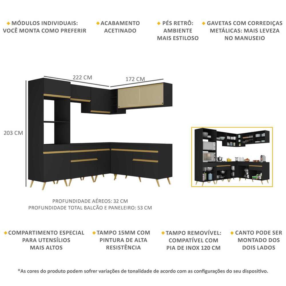 Armário de Cozinha Completa de Canto Veneza Multimóveis V2064  Preto/Dourado