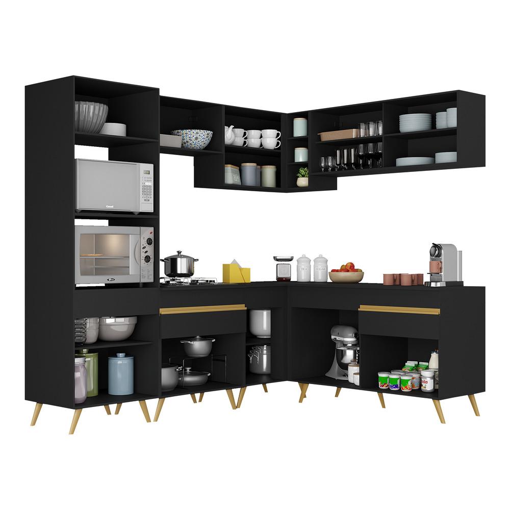 Armário de Cozinha Completa de Canto Veneza Multimóveis V2064  Preto/Dourado