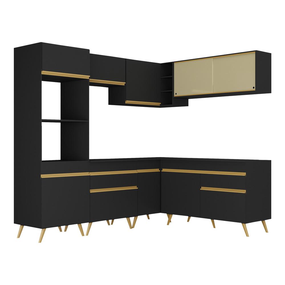 Armário de Cozinha Completa de Canto Veneza Multimóveis V2064  Preto/Dourado