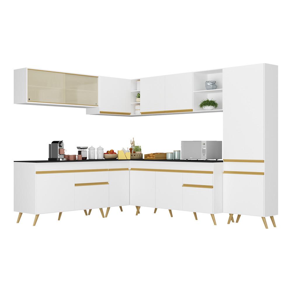 Armário de Cozinha Completa de Canto Veneza Multimóveis V2065  Branco/Dourado