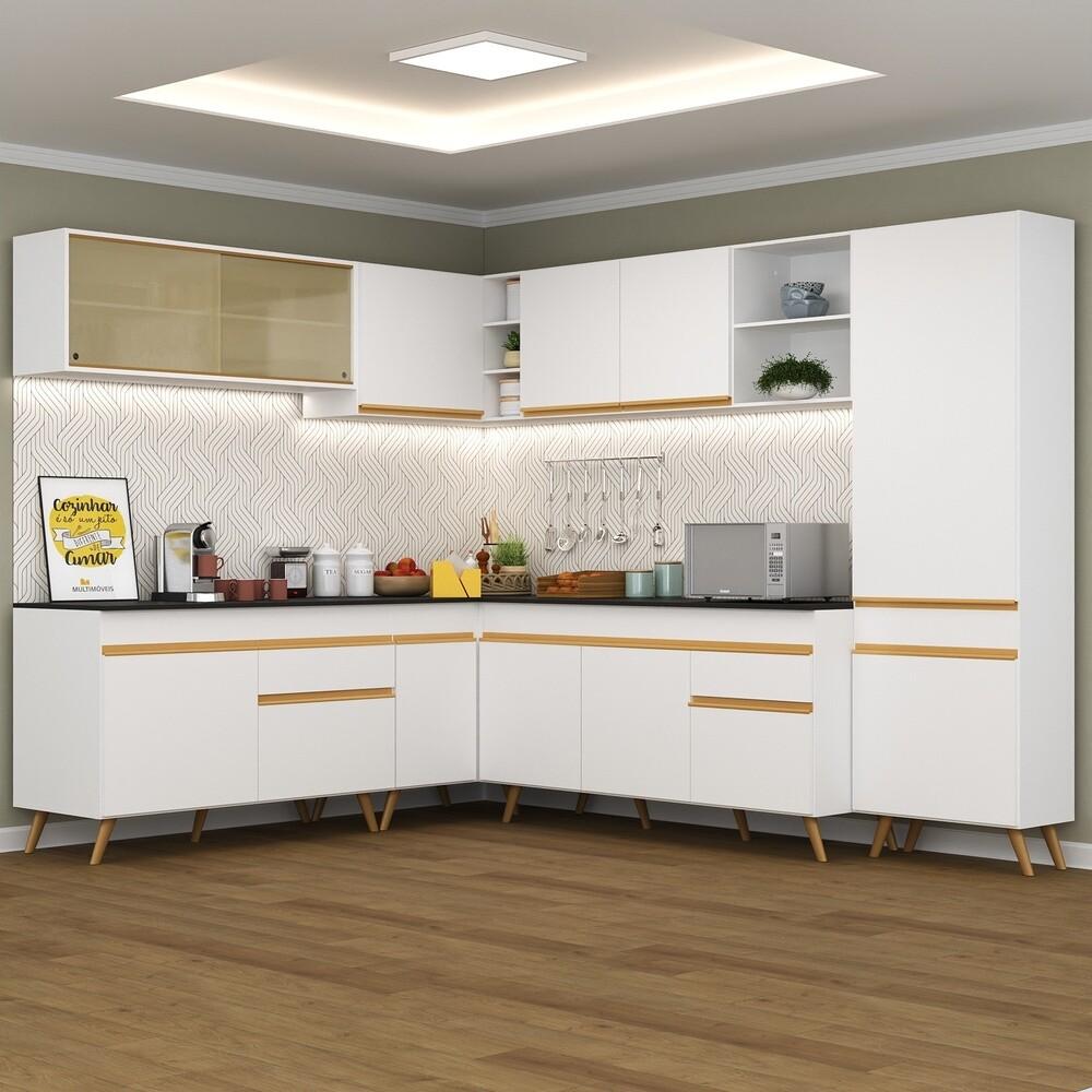 Armário de Cozinha Completa de Canto Veneza Multimóveis V2065  Branco/Dourado
