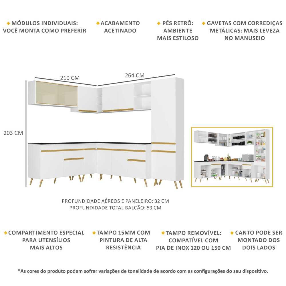 Armário de Cozinha Completa de Canto Veneza Multimóveis V2065  Branco/Dourado