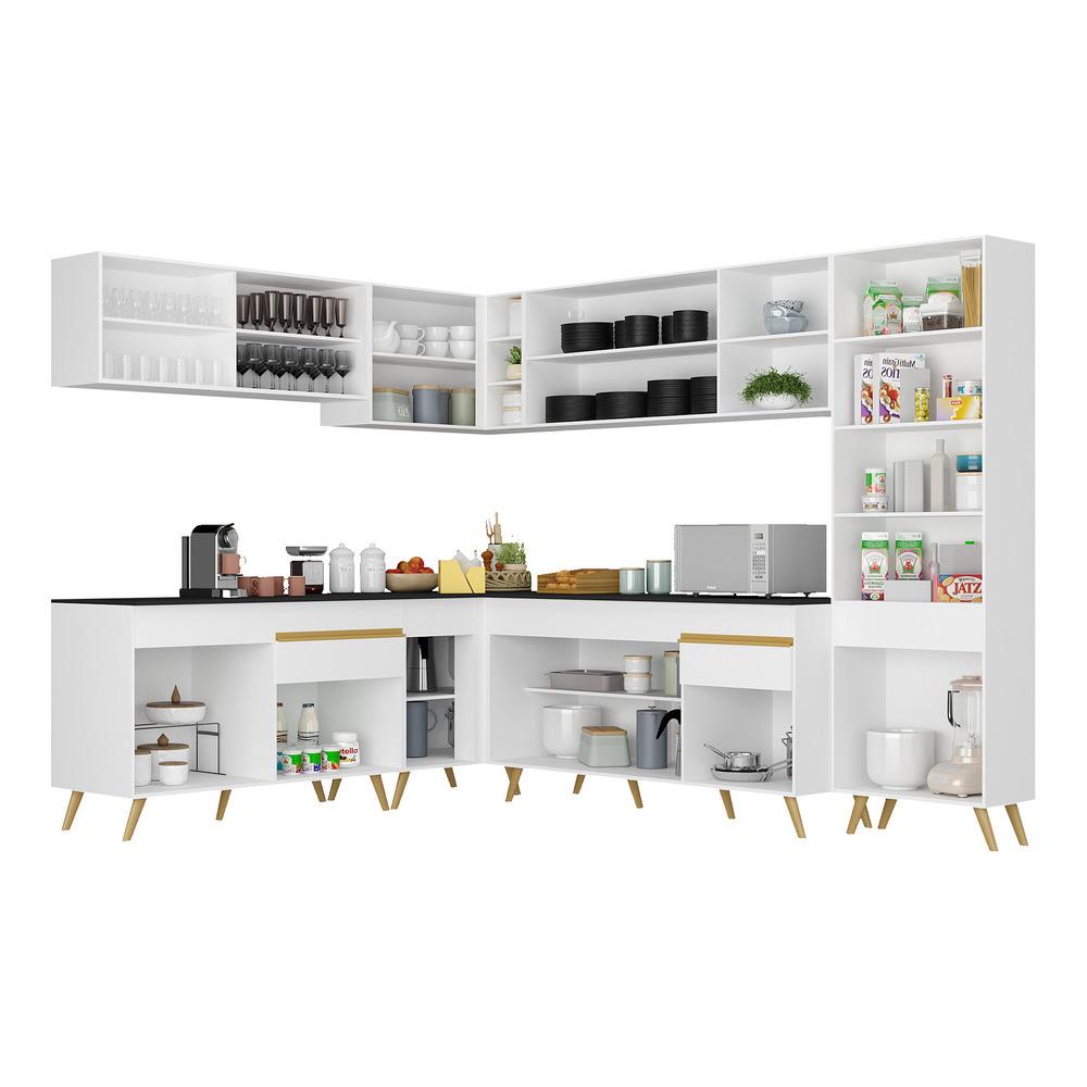 Armário de Cozinha Completa de Canto Veneza Multimóveis V2065  Branco/Dourado