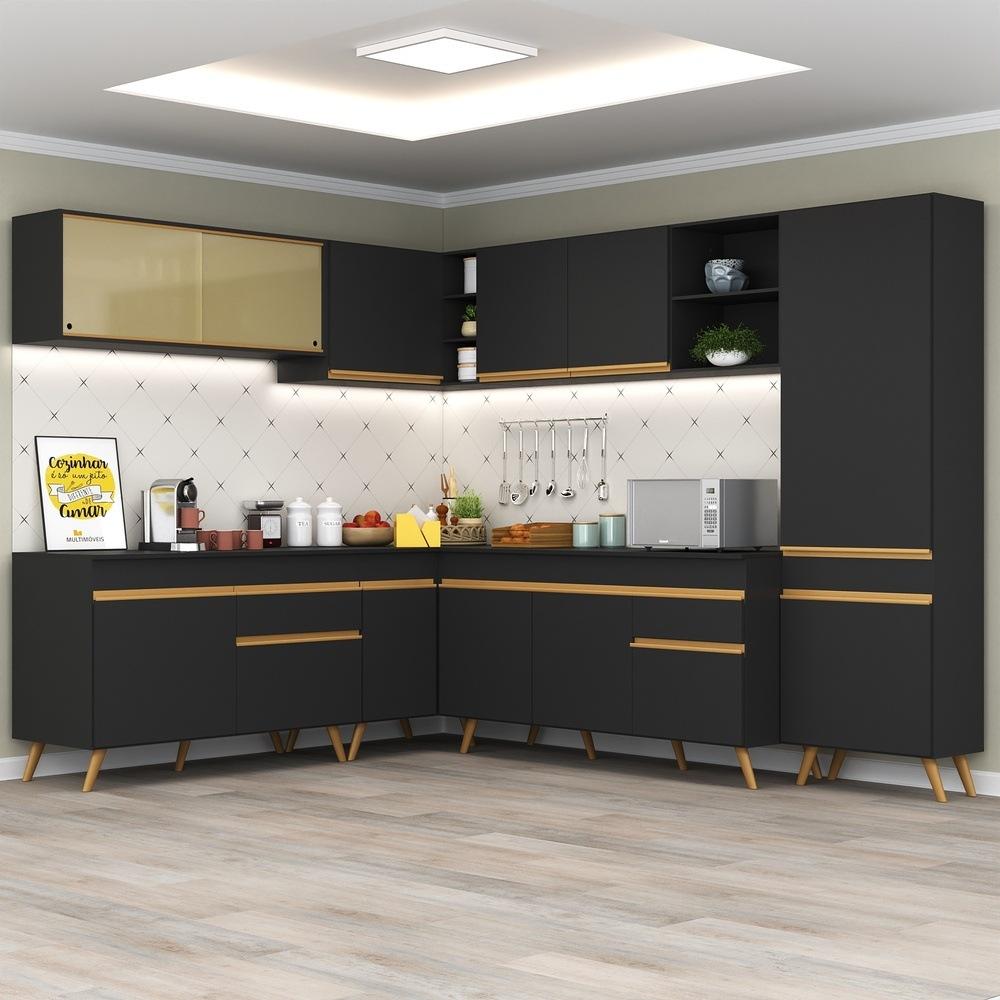 Armário de Cozinha Completa de Canto Veneza Multimóveis V2065  Preto/Dourado