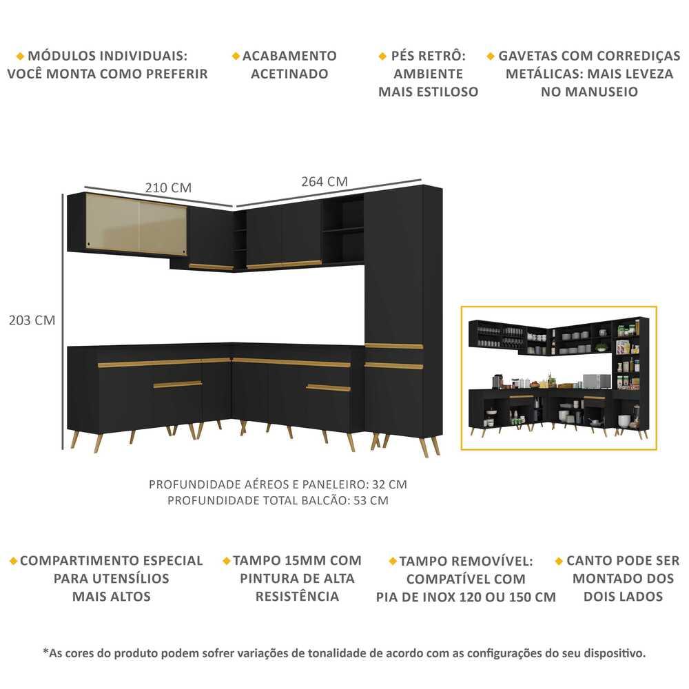 Armário de Cozinha Completa de Canto Veneza Multimóveis V2065  Preto/Dourado