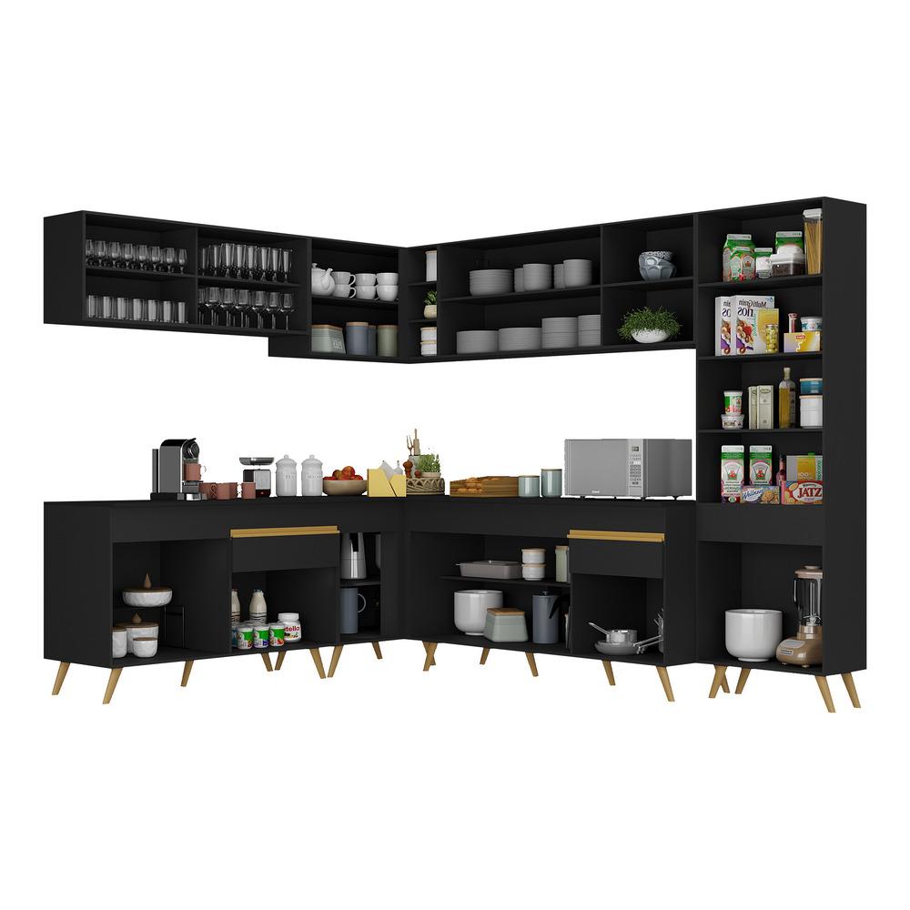Armário de Cozinha Completa de Canto Veneza Multimóveis V2065  Preto/Dourado