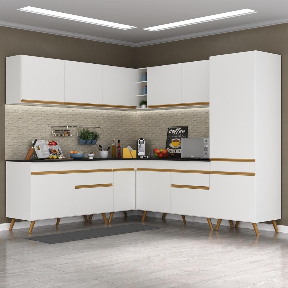 Armário de Cozinha Completa de Canto Veneza Multimóveis V2066  Branco/Dourado