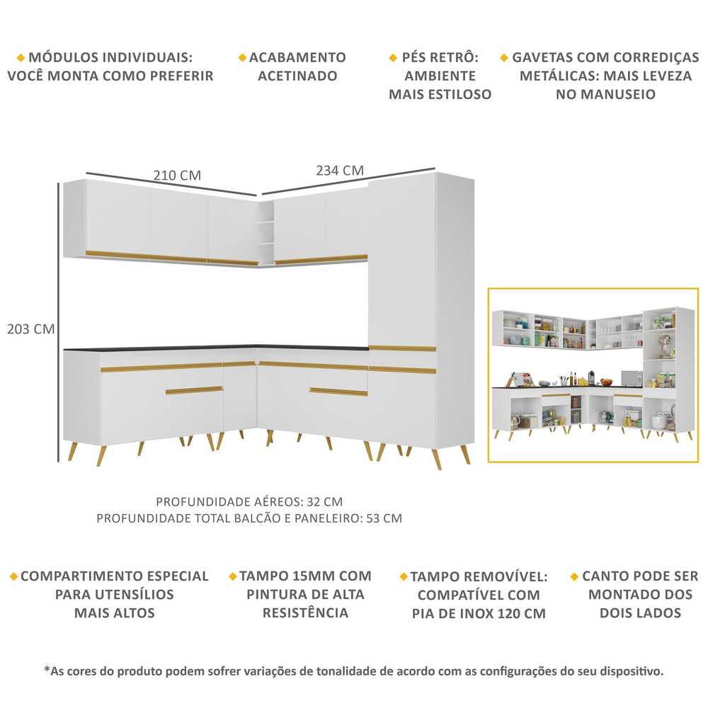Armário de Cozinha Completa de Canto Veneza Multimóveis V2066  Branco/Dourado