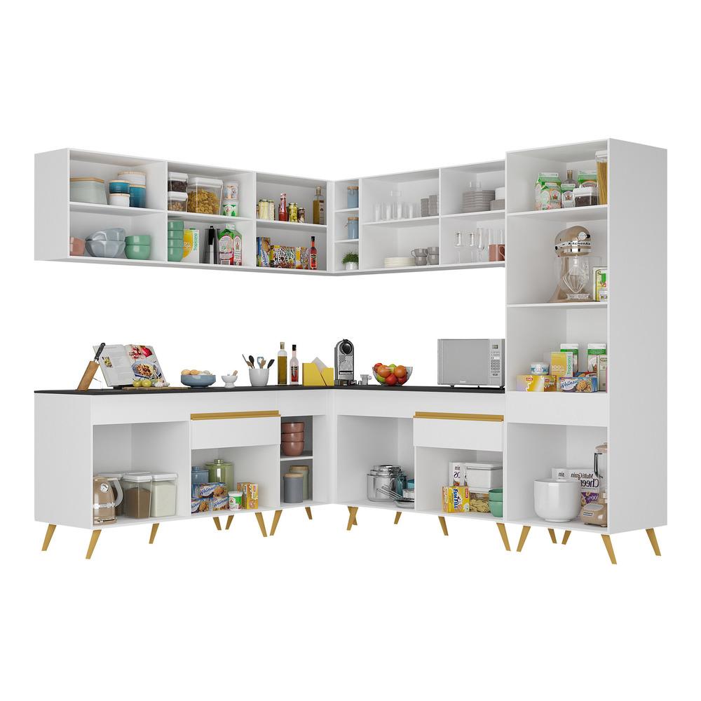Armário de Cozinha Completa de Canto Veneza Multimóveis V2066  Branco/Dourado