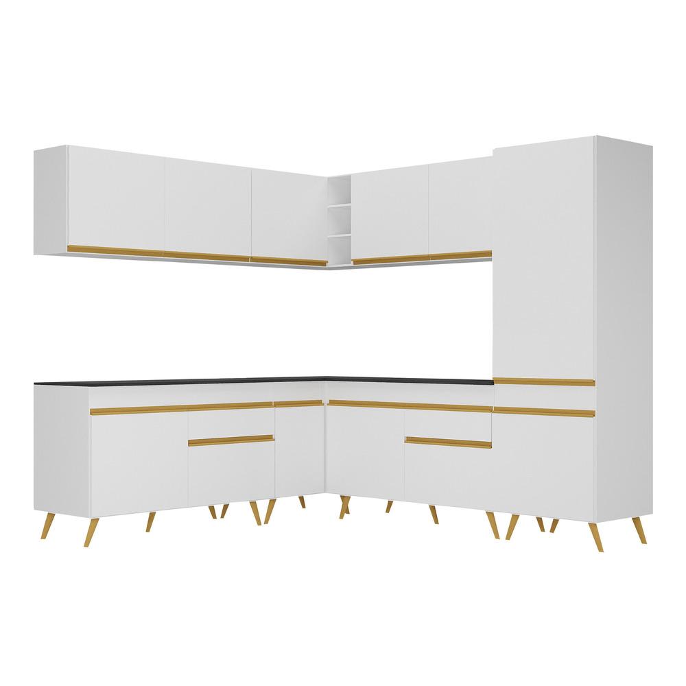 Armário de Cozinha Completa de Canto Veneza Multimóveis V2066  Branco/Dourado