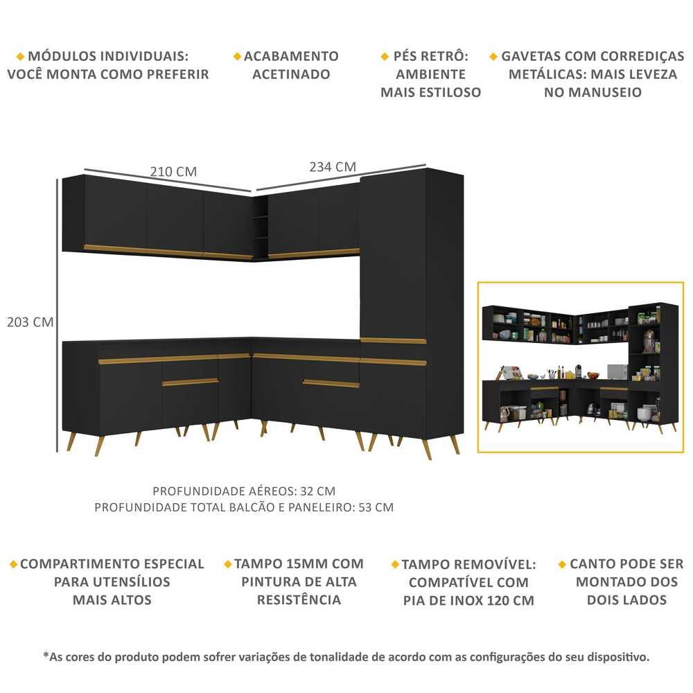 Armário de Cozinha Completa de Canto Veneza Multimóveis V2066  Preto/Dourado