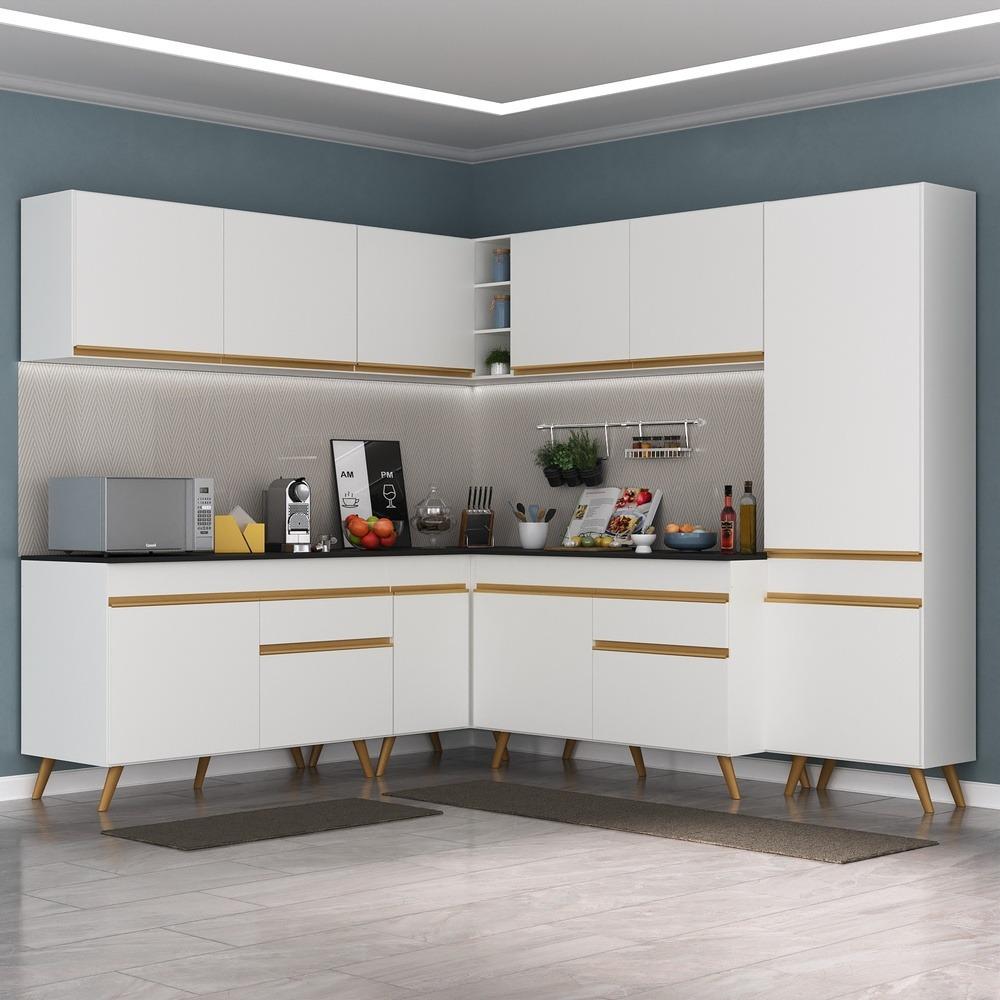 Armário de Cozinha Completa de Canto Veneza Multimóveis V2067  Branco/Dourado