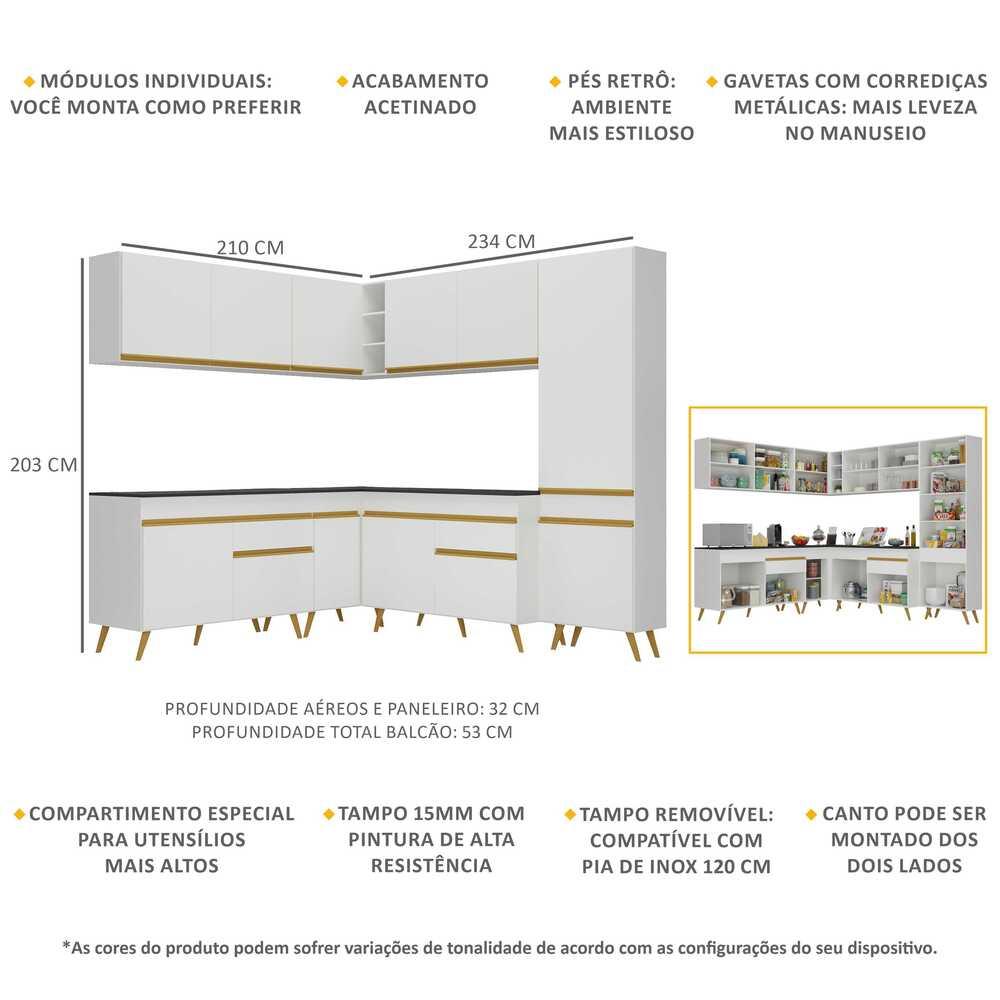 Armário de Cozinha Completa de Canto Veneza Multimóveis V2067  Branco/Dourado