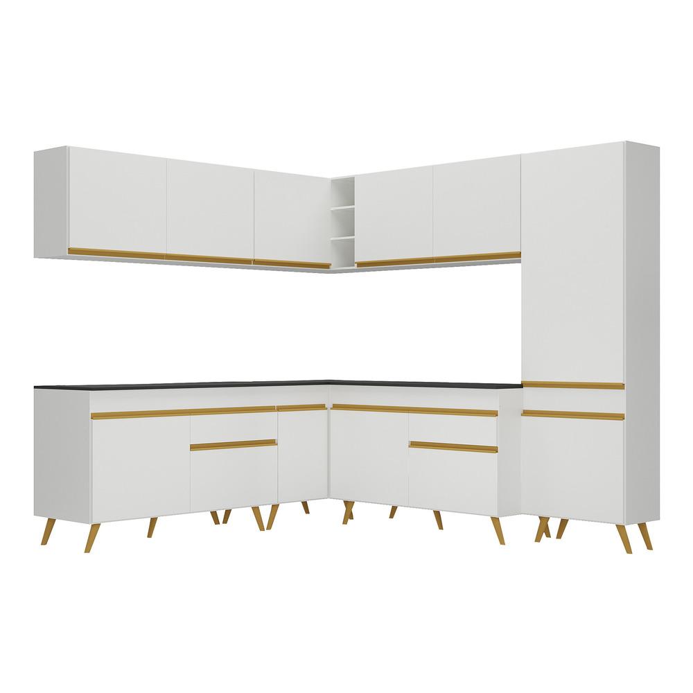 Armário de Cozinha Completa de Canto Veneza Multimóveis V2067  Branco/Dourado