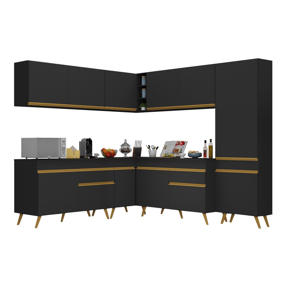 Armário de Cozinha Completa de Canto Veneza Multimóveis V2067  Preto/Dourado