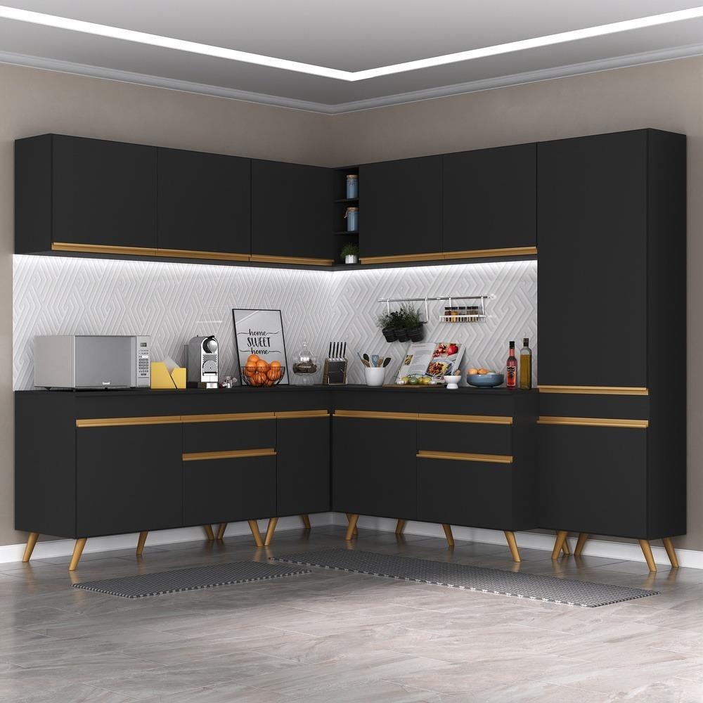 Armário de Cozinha Completa de Canto Veneza Multimóveis V2067  Preto/Dourado