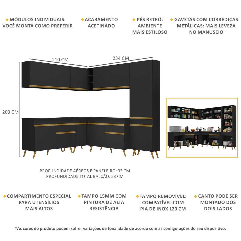 Armário de Cozinha Completa de Canto Veneza Multimóveis V2067  Preto/Dourado