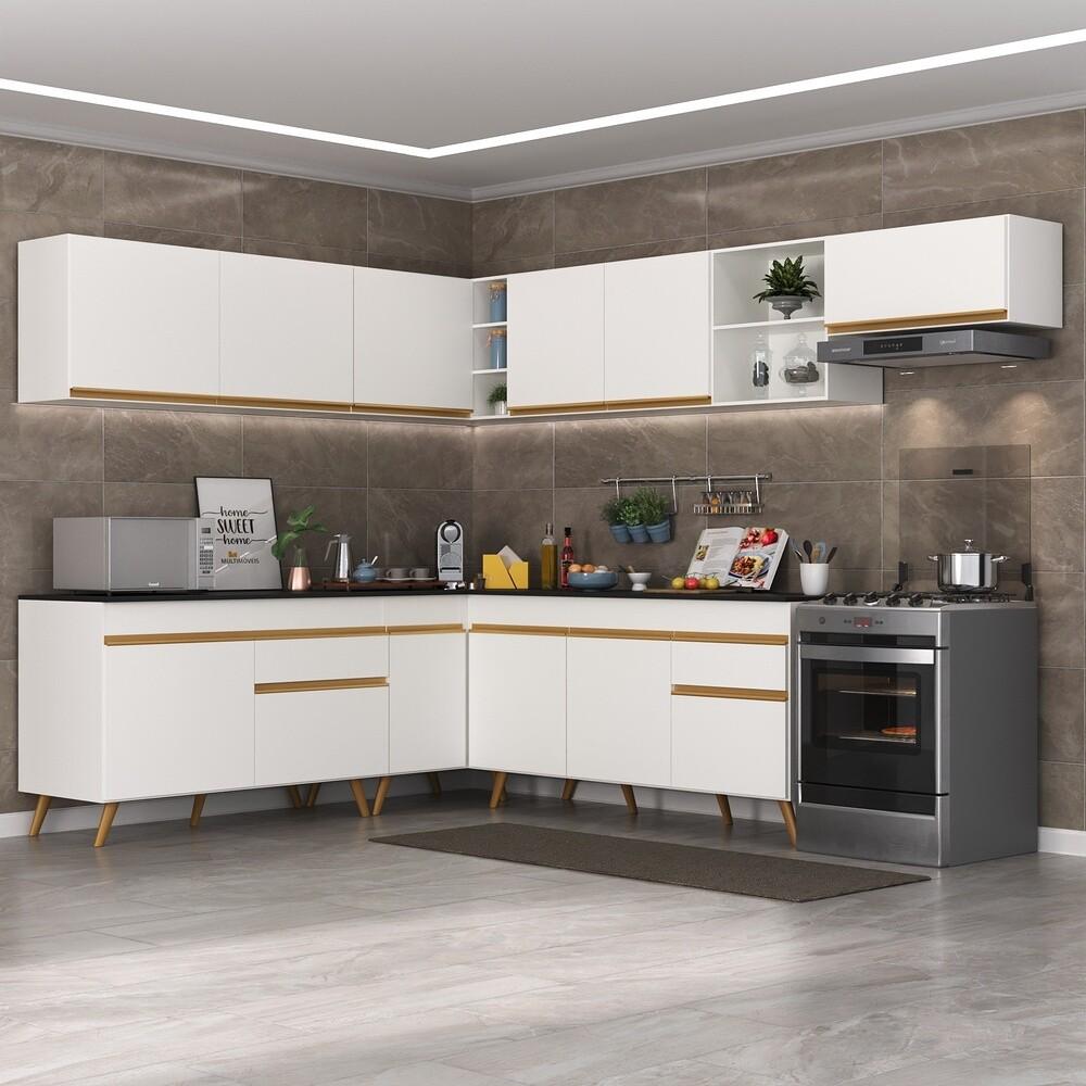 Armário de Cozinha Completa de Canto Veneza Multimóveis V2068  Branco/Dourado