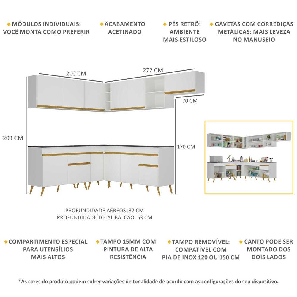 Armário de Cozinha Completa de Canto Veneza Multimóveis V2068  Branco/Dourado