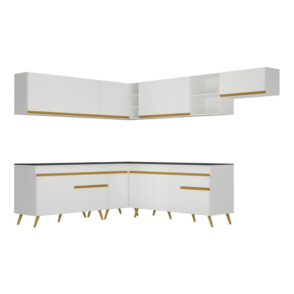 Armário de Cozinha Completa de Canto Veneza Multimóveis V2068  Branco/Dourado