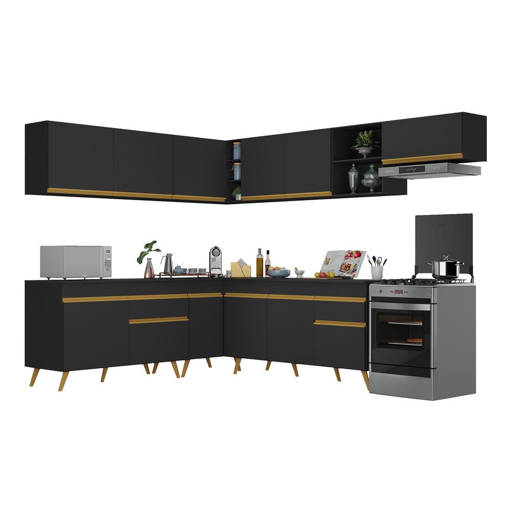 Armário de Cozinha Completa de Canto Veneza Multimóveis V2068  Preto/Dourado