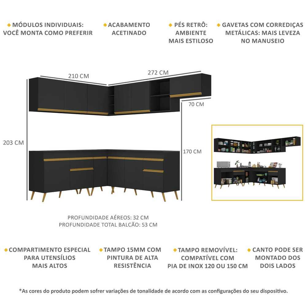 Armário de Cozinha Completa de Canto Veneza Multimóveis V2068  Preto/Dourado