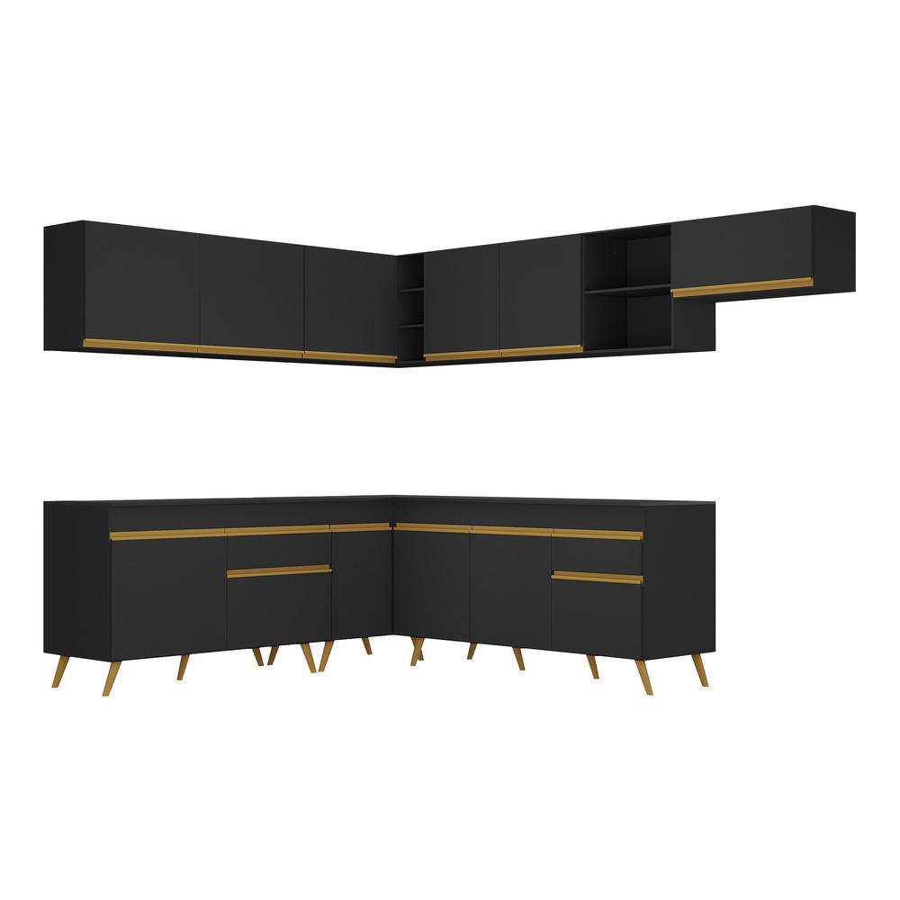 Armário de Cozinha Completa de Canto Veneza Multimóveis V2068  Preto/Dourado