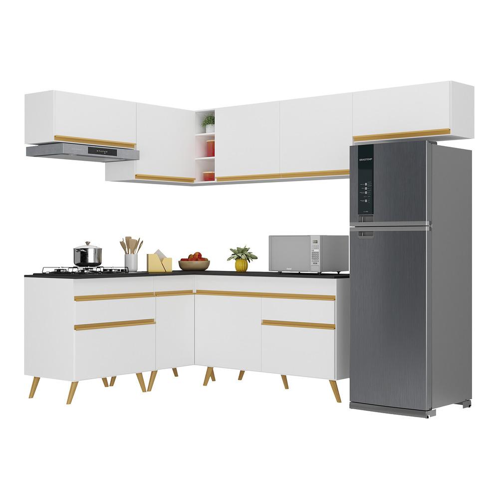Armário de Cozinha Completa de Canto Veneza Multimóveis V2069  Branco/Dourado