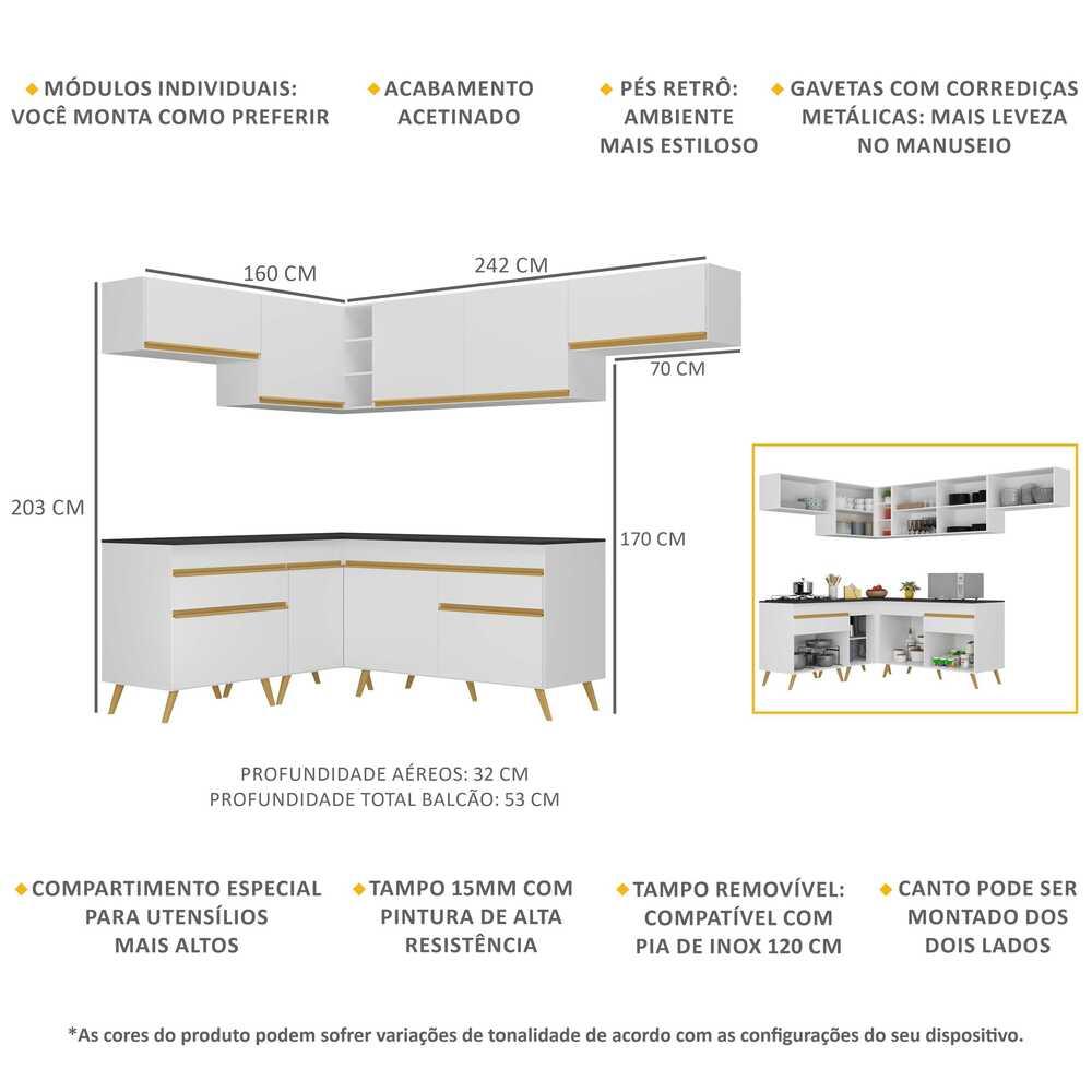 Armário de Cozinha Completa de Canto Veneza Multimóveis V2069  Branco/Dourado