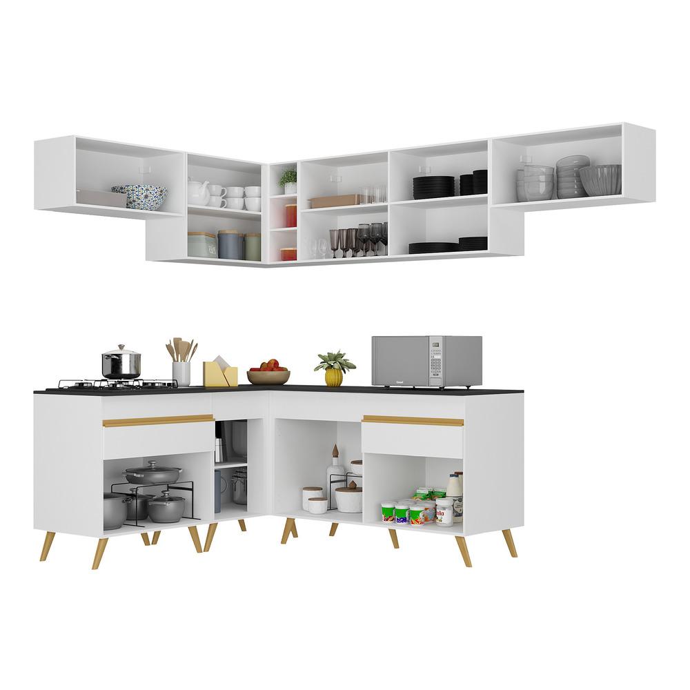 Armário de Cozinha Completa de Canto Veneza Multimóveis V2069  Branco/Dourado