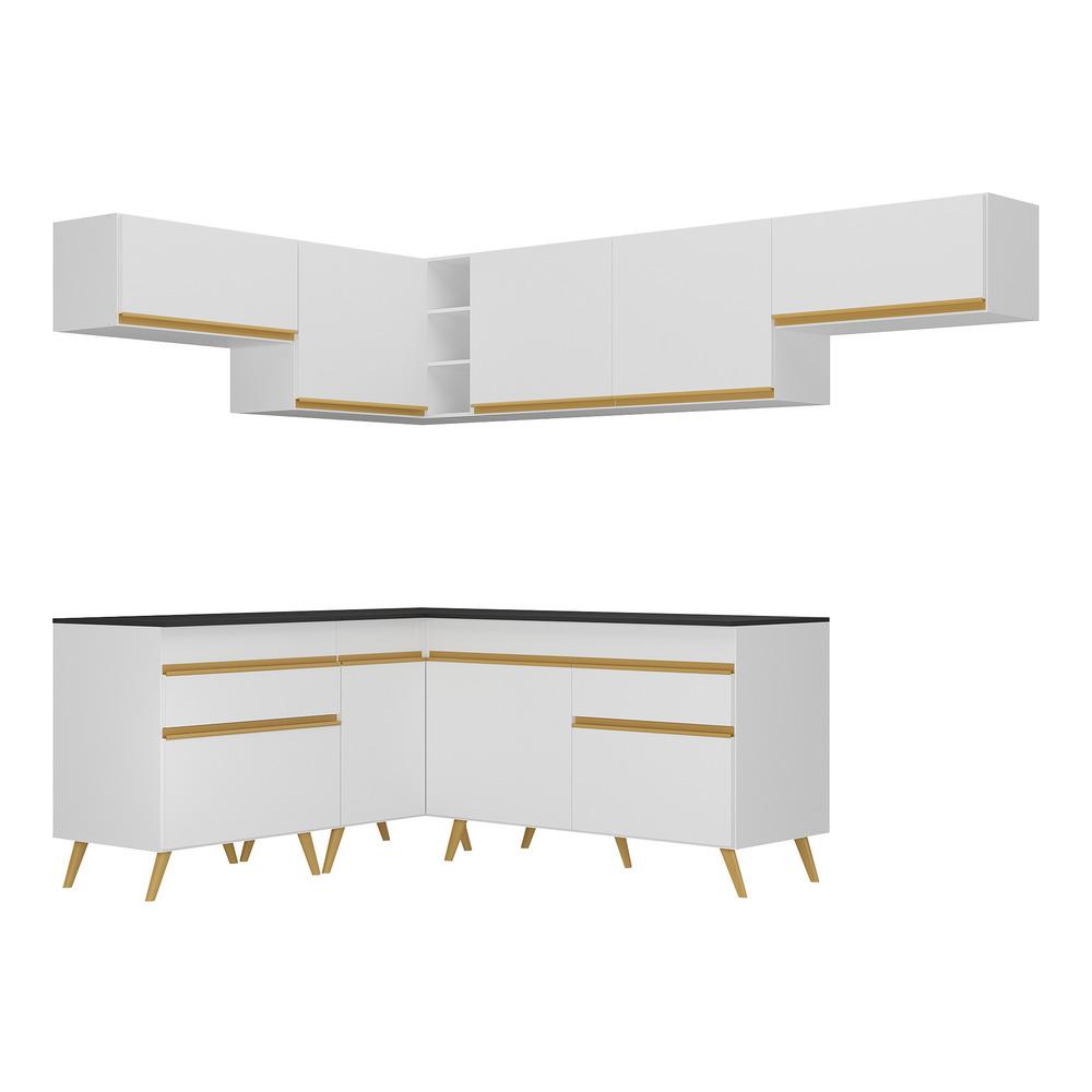 Armário de Cozinha Completa de Canto Veneza Multimóveis V2069  Branco/Dourado