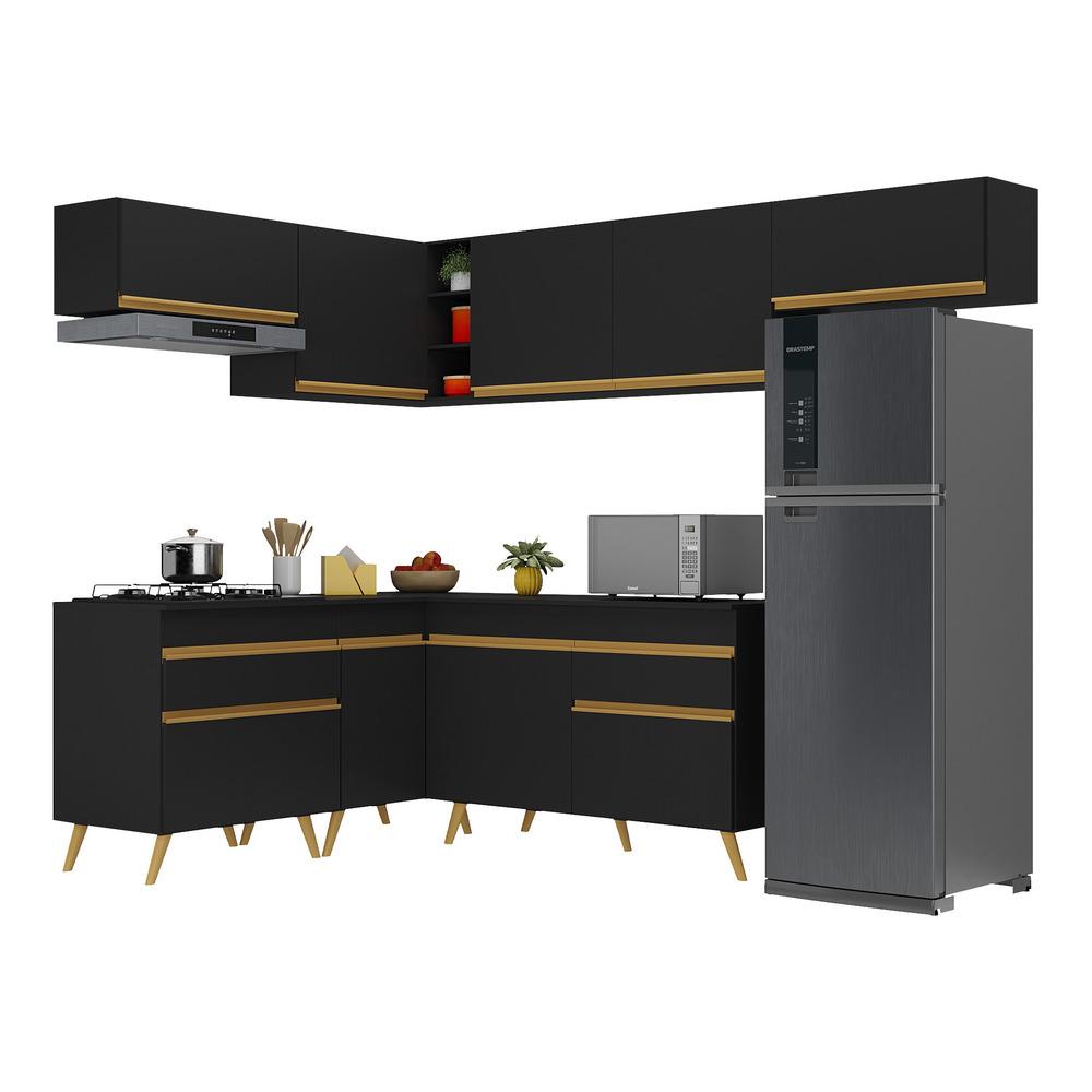 Armário de Cozinha Completa de Canto Veneza Multimóveis V2069  Preto/Dourado