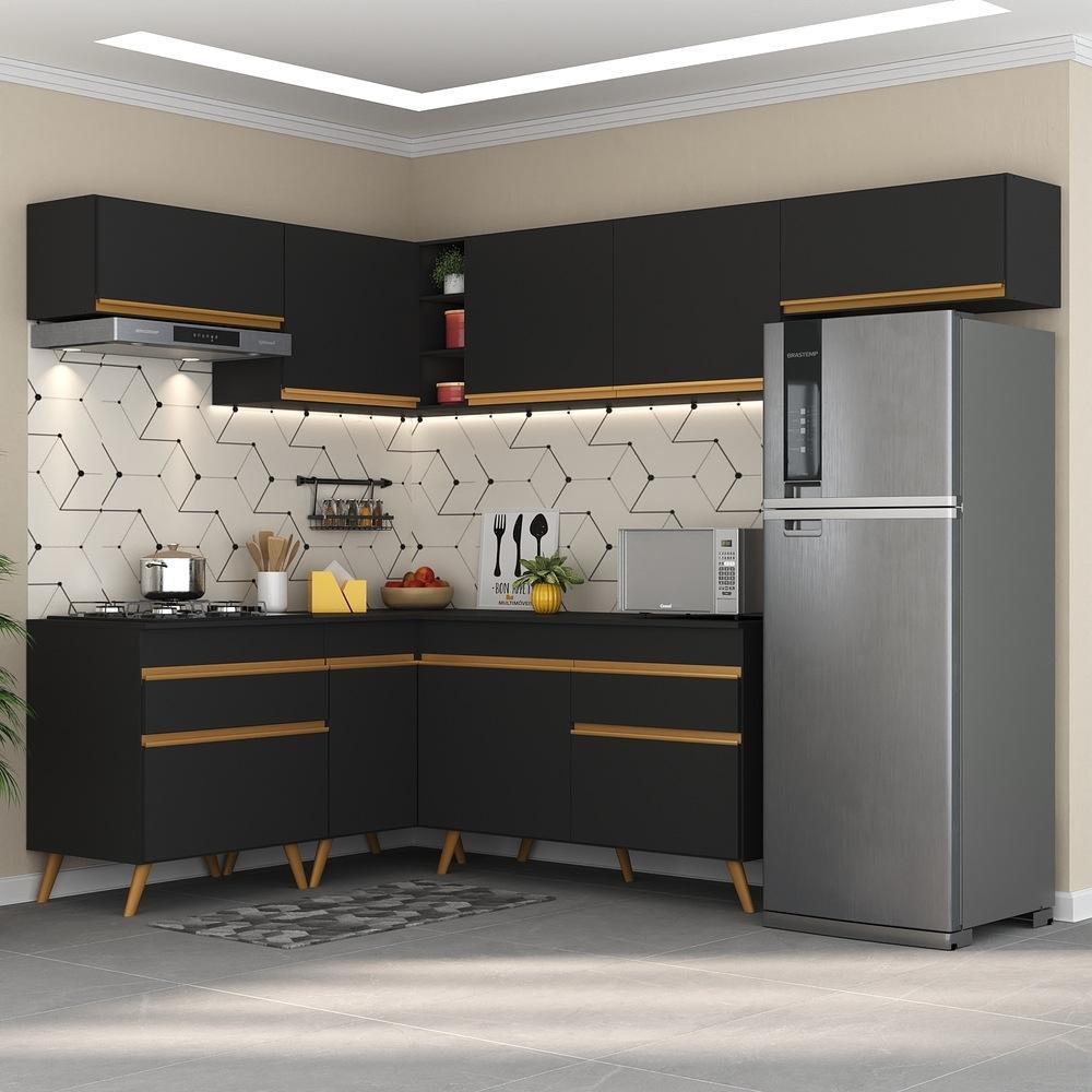 Armário de Cozinha Completa de Canto Veneza Multimóveis V2069  Preto/Dourado