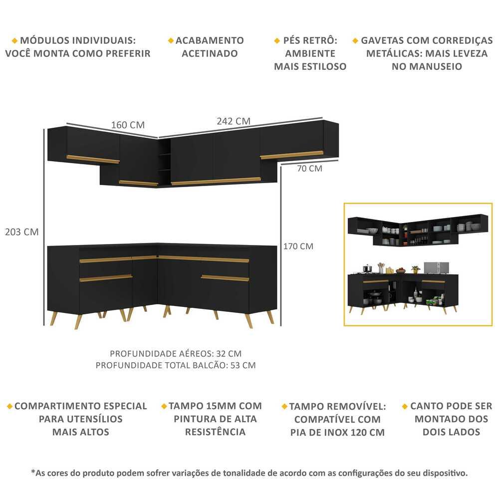 Armário de Cozinha Completa de Canto Veneza Multimóveis V2069  Preto/Dourado
