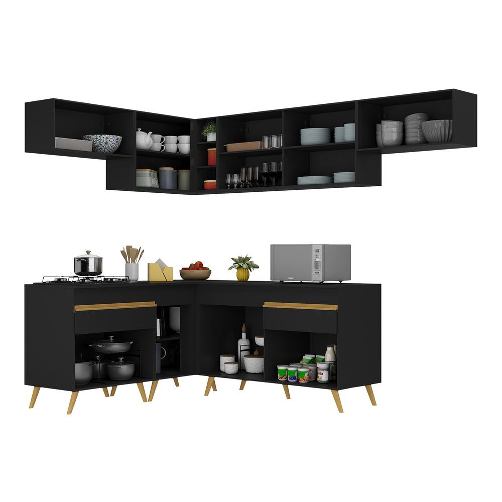 Armário de Cozinha Completa de Canto Veneza Multimóveis V2069  Preto/Dourado