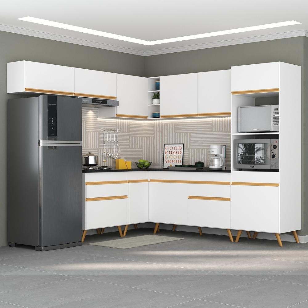 Armário de Cozinha Completa de Canto Veneza Multimóveis V2070  Branco/Dourado