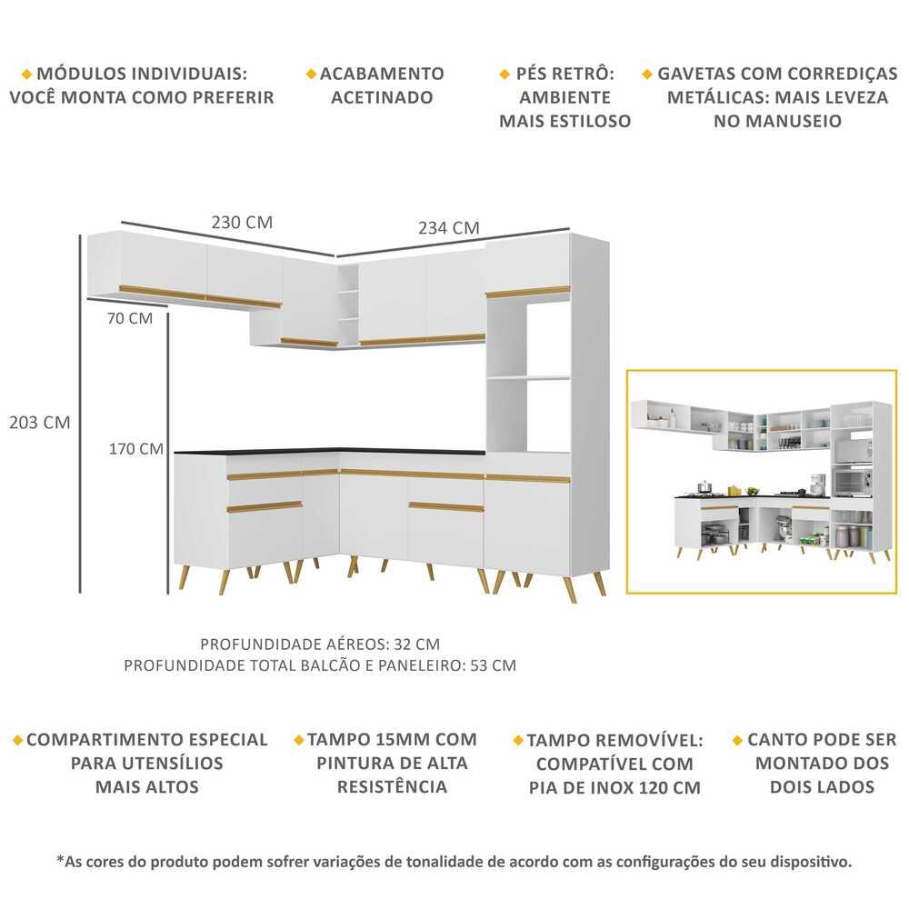 Armário de Cozinha Completa de Canto Veneza Multimóveis V2070  Branco/Dourado