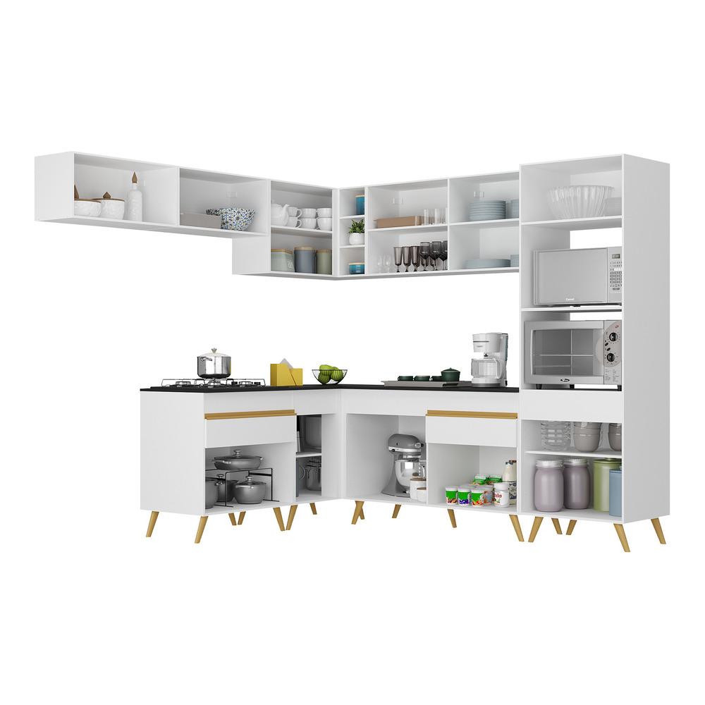 Armário de Cozinha Completa de Canto Veneza Multimóveis V2070  Branco/Dourado